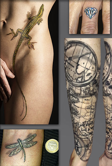 tattoo, graz, echse, libelle, orchideen, dotwork, landkarte, feder, tintenglas